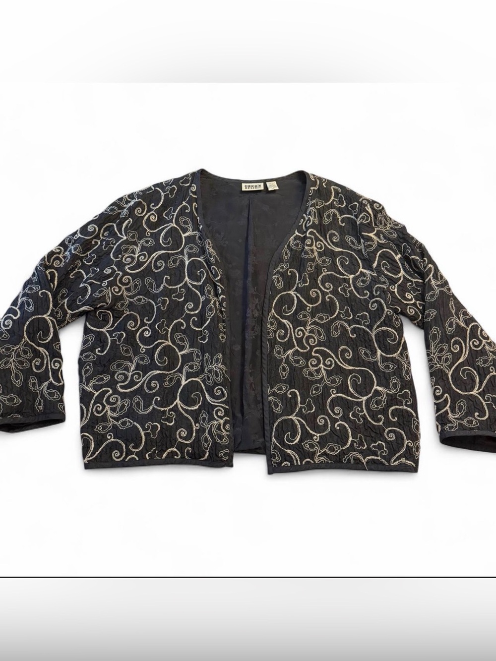 Vintage Chico's Design 100% Silk Embroidered Open Front Cardigan Jacket